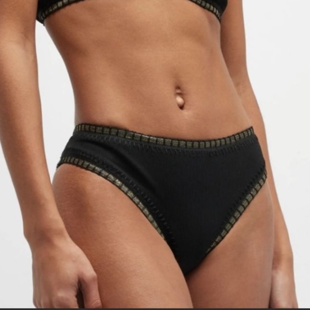 Platinum Swimwear Ribbed High Waist Crochet Trim Bikini Bottom Black / Gold (S)